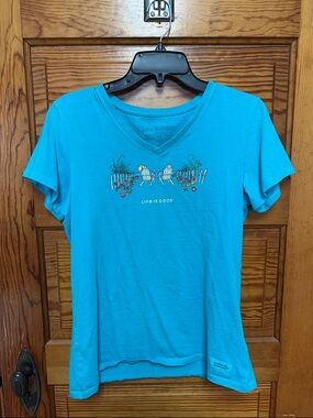 Life Is Good Bright Turquoise V-Neck Tee with Adirondack Chair Graphic